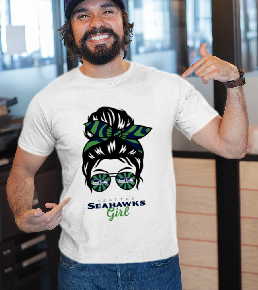 Seattle Seahawks Girl Messy Bun Glasses Team Spirit Fan Gear T-Shirt