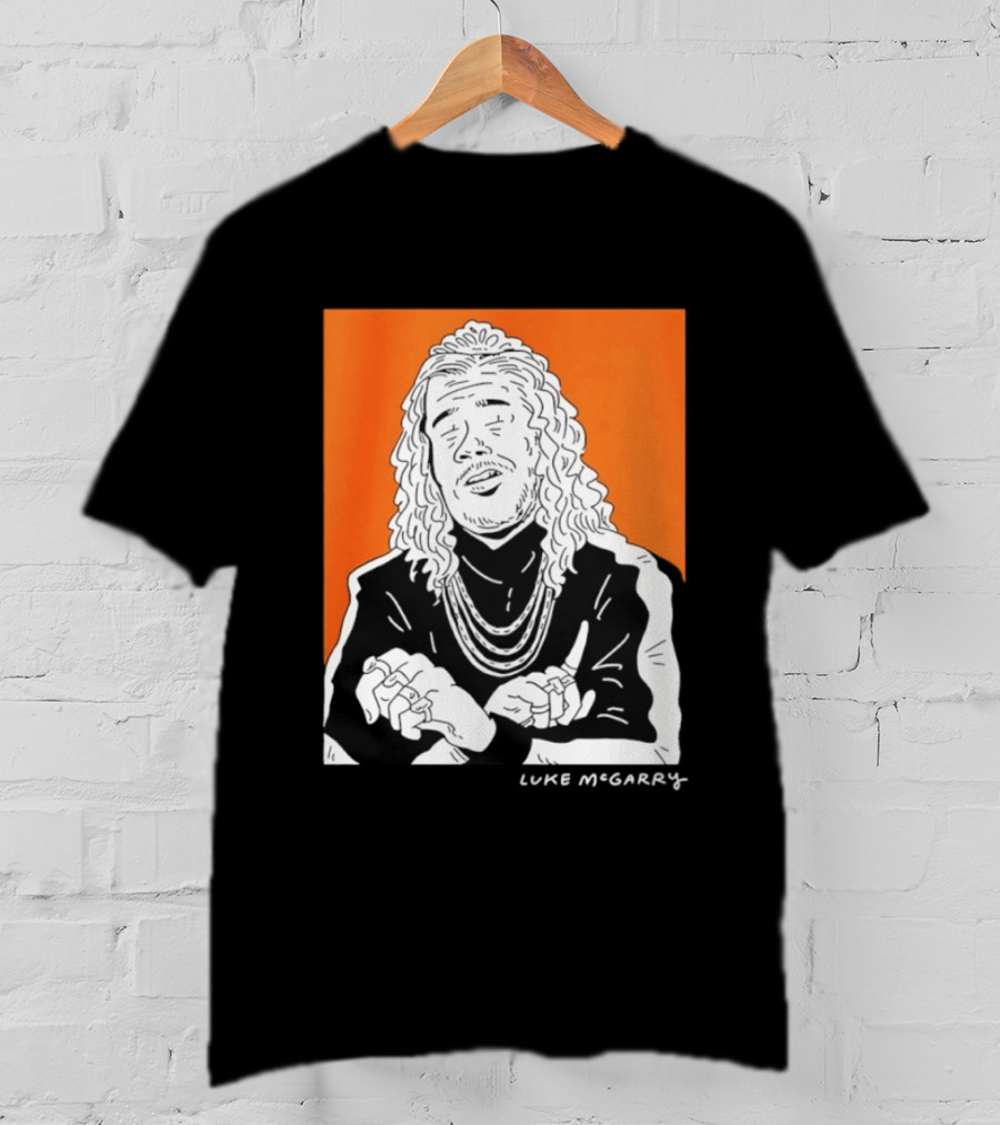 Luke McGarry Cartoon Character With Long Hair And Chains On Orange T-Shirt