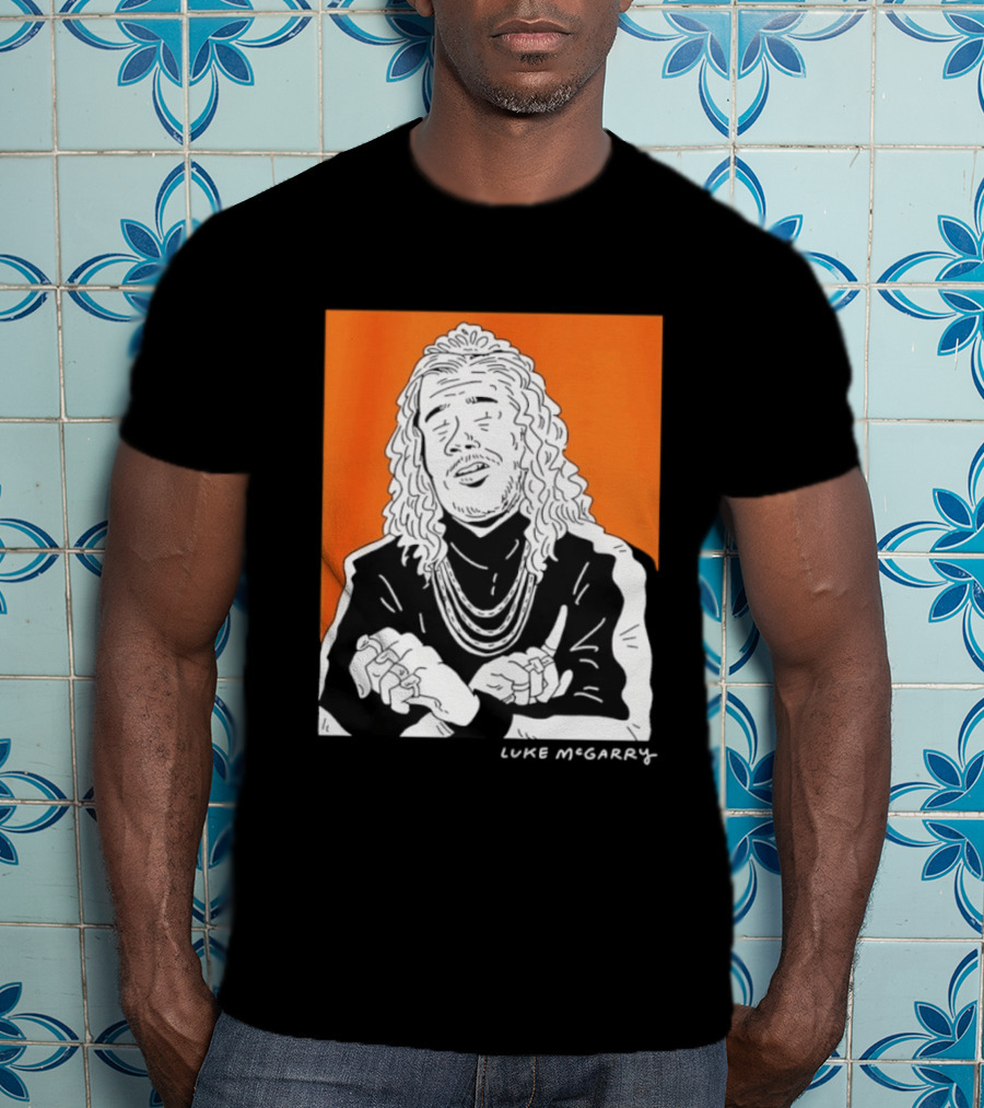 Luke McGarry Cartoon Character With Long Hair And Chains On Orange T-Shirt