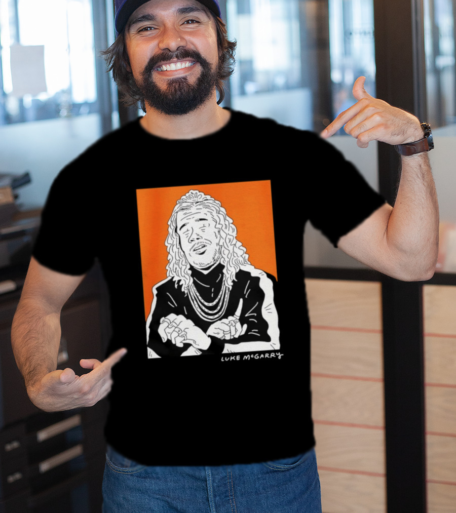 Luke McGarry Cartoon Character With Long Hair And Chains On Orange T-Shirt