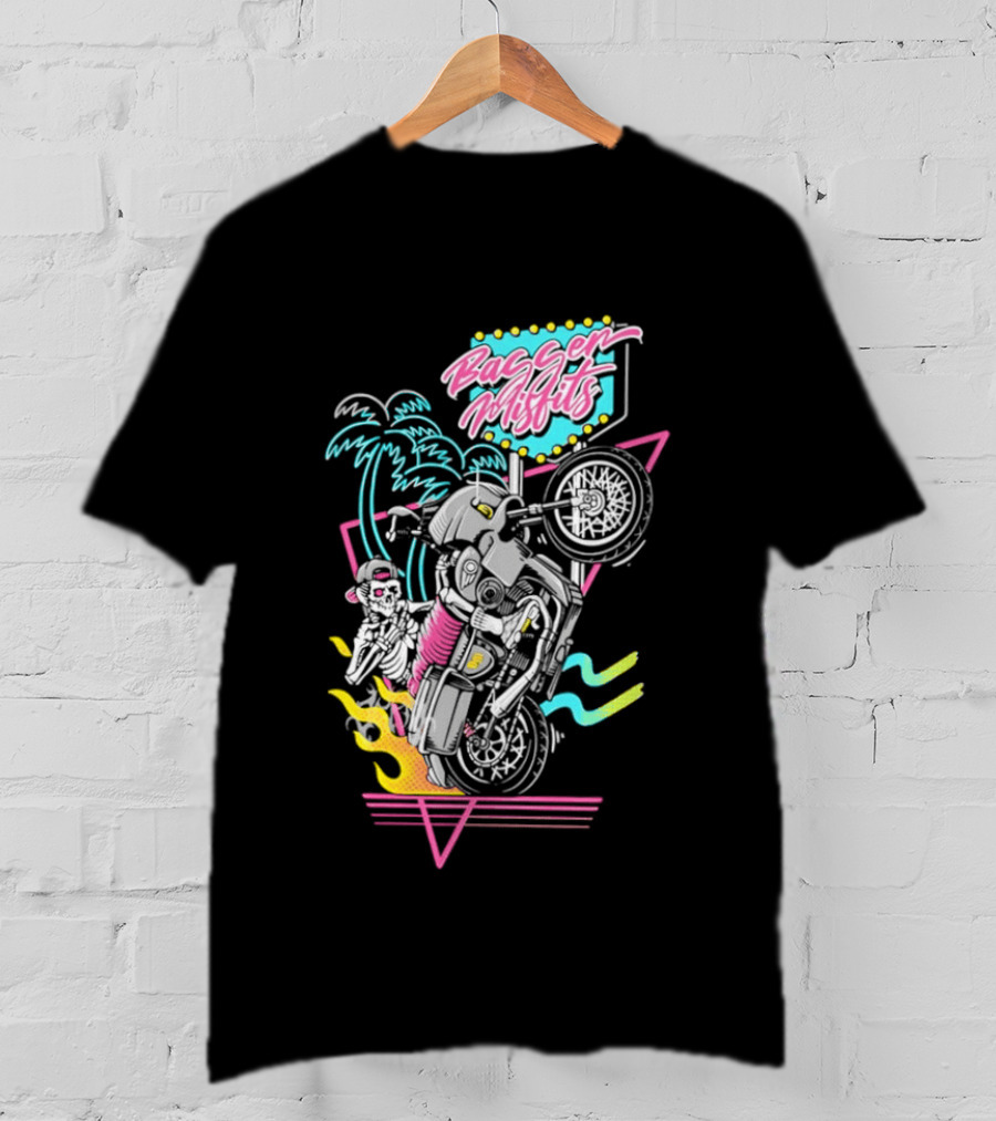 Bagger Misfits Skeleton Motorcycle Wheelie Neon 80s Palm Trees T-Shirt