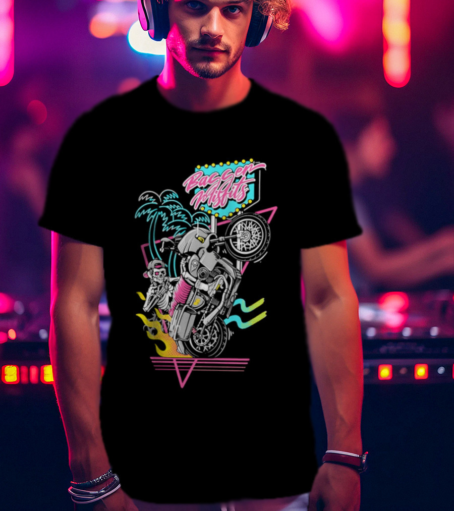 Bagger Misfits Skeleton Motorcycle Wheelie Neon 80s Palm Trees T-Shirt