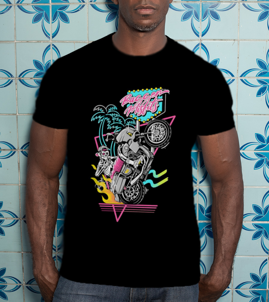 Bagger Misfits Skeleton Motorcycle Wheelie Neon 80s Palm Trees T-Shirt