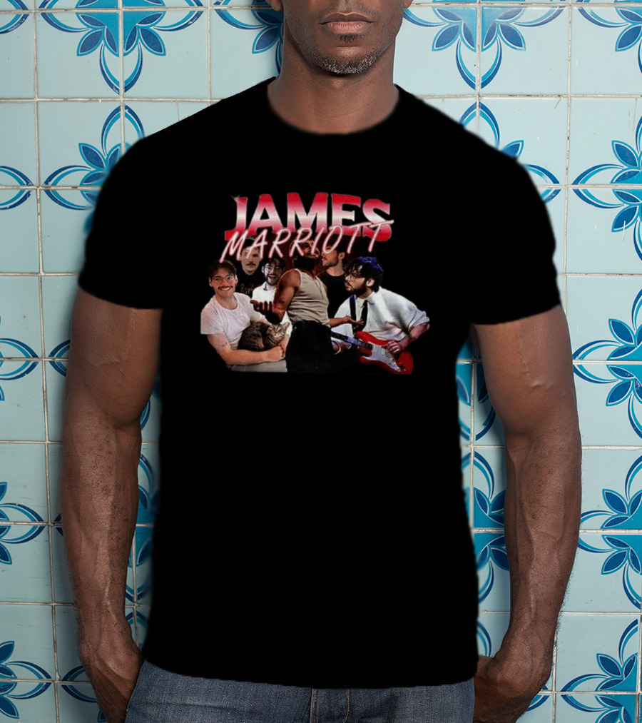 James Marriott Musician Collage With Guitar And Cat T-Shirt