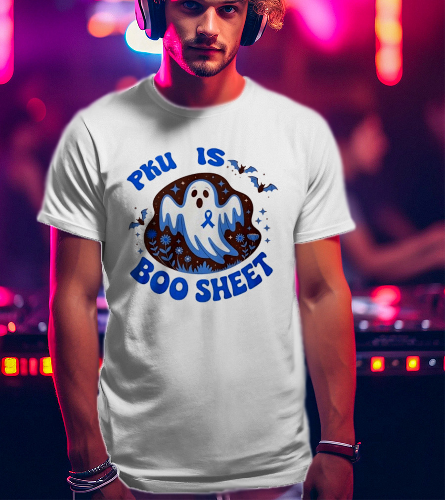 PKU Is Boo Sheet Ghost With Awareness Ribbon And Bats T-Shirt