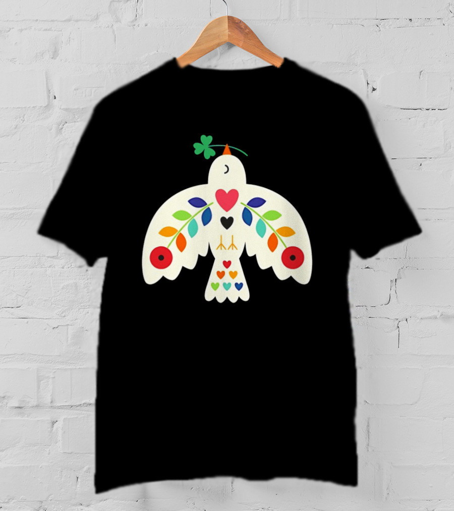 Luck Peace Love Dove With Shamrock And Colorful Hearts T-Shirt