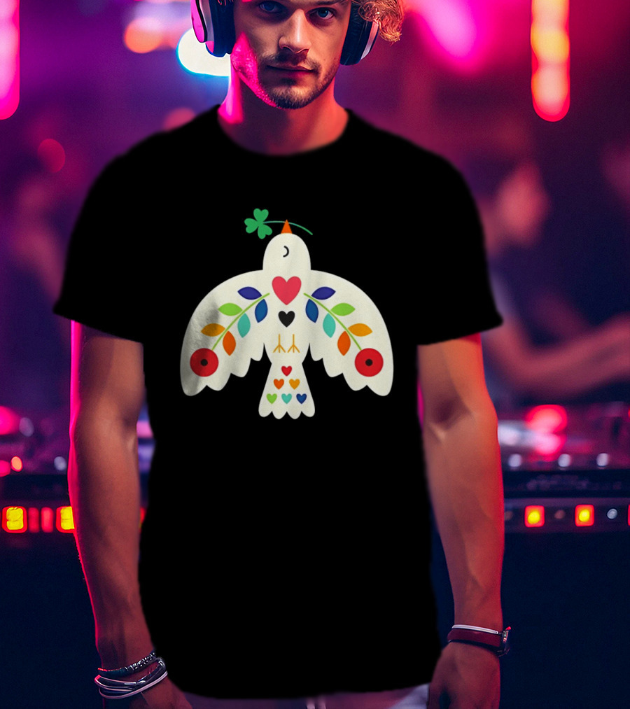 Luck Peace Love Dove With Shamrock And Colorful Hearts T-Shirt