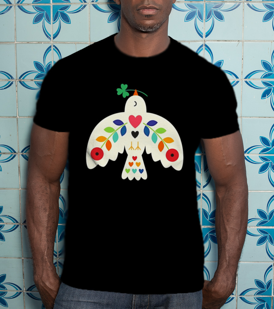 Luck Peace Love Dove With Shamrock And Colorful Hearts T-Shirt