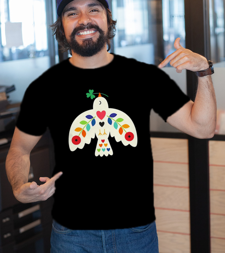 Luck Peace Love Dove With Shamrock And Colorful Hearts T-Shirt