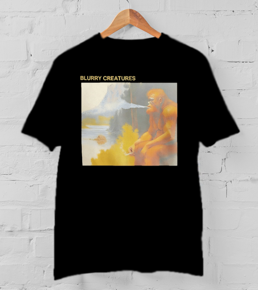 Bigfoot Blurry Creatures Smoking By Lake Mountain Scene T-Shirt