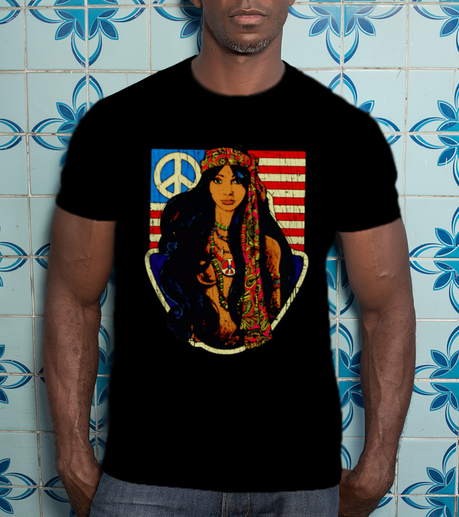 Peace Is Natural 1969 Bohemian Hippie Woman American Flag T-Shirt