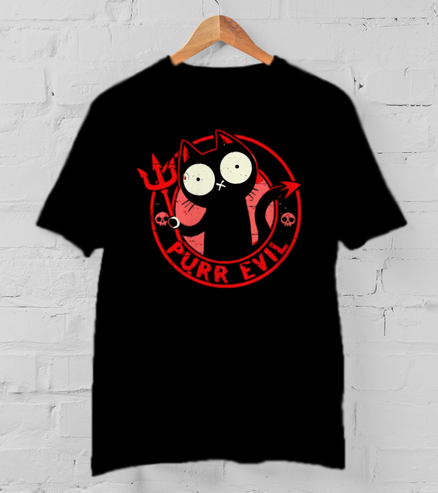 Purr Evil Cat With Trident And Skulls T-Shirt
