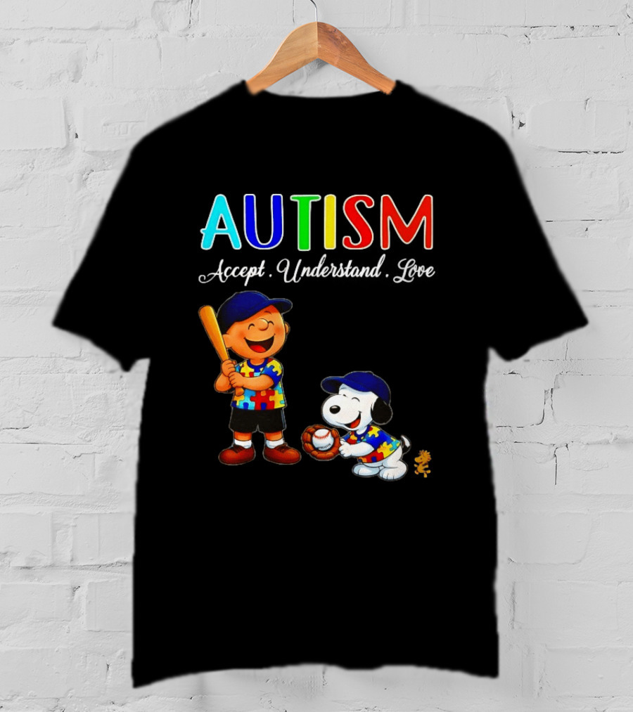 Charlie Brown Snoopy Peanuts Autism Accept Understand Love Baseball Puzzle T-Shirt