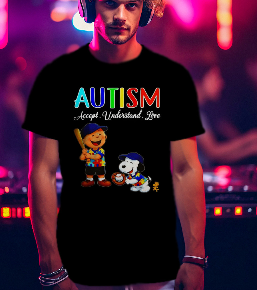 Charlie Brown Snoopy Peanuts Autism Accept Understand Love Baseball Puzzle T-Shirt