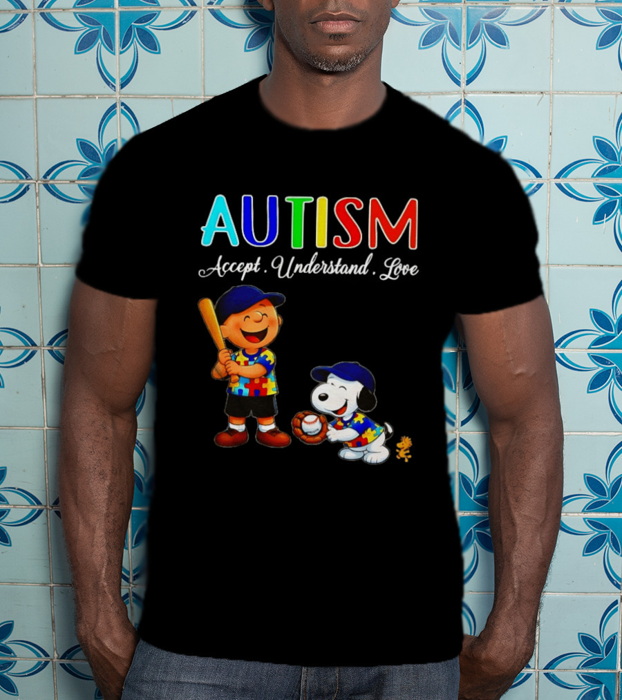 Charlie Brown Snoopy Peanuts Autism Accept Understand Love Baseball Puzzle T-Shirt