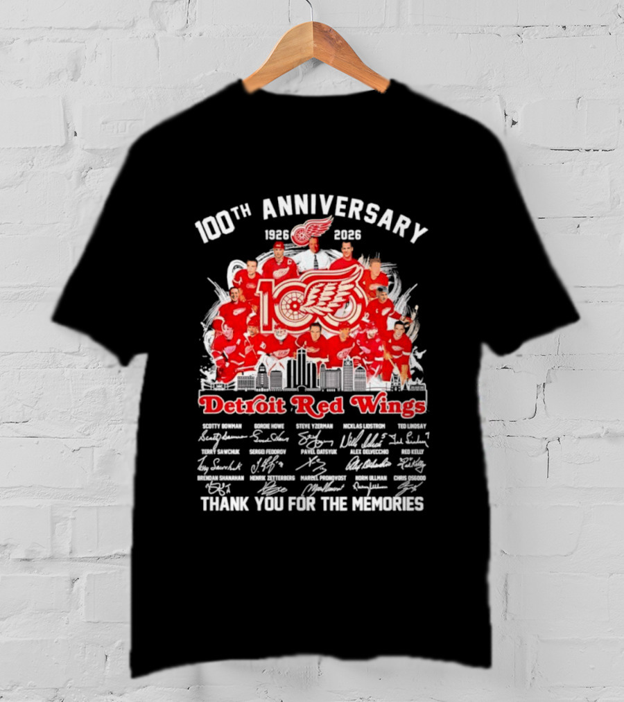 Detroit Red Wings 100th Anniversary 1926 2026 Thank You For The Memories Player Skyline T-Shirt