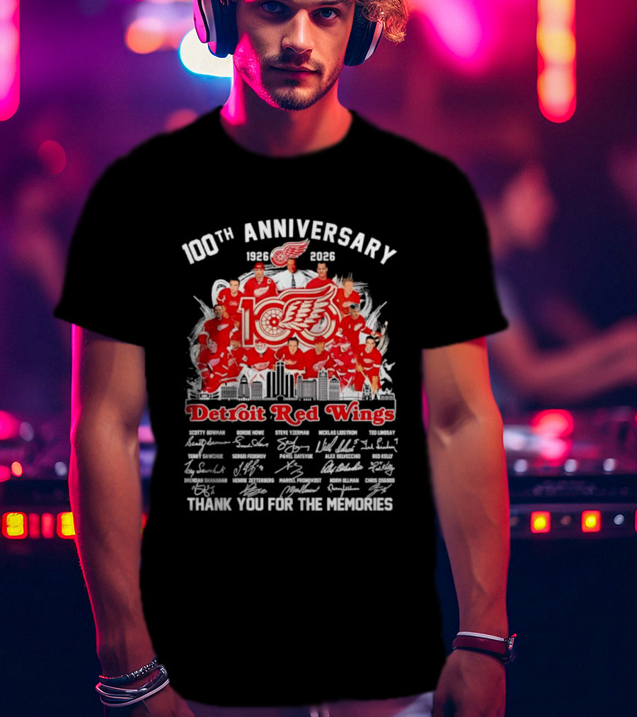 Detroit Red Wings 100th Anniversary 1926 2026 Thank You For The Memories Player Skyline T-Shirt