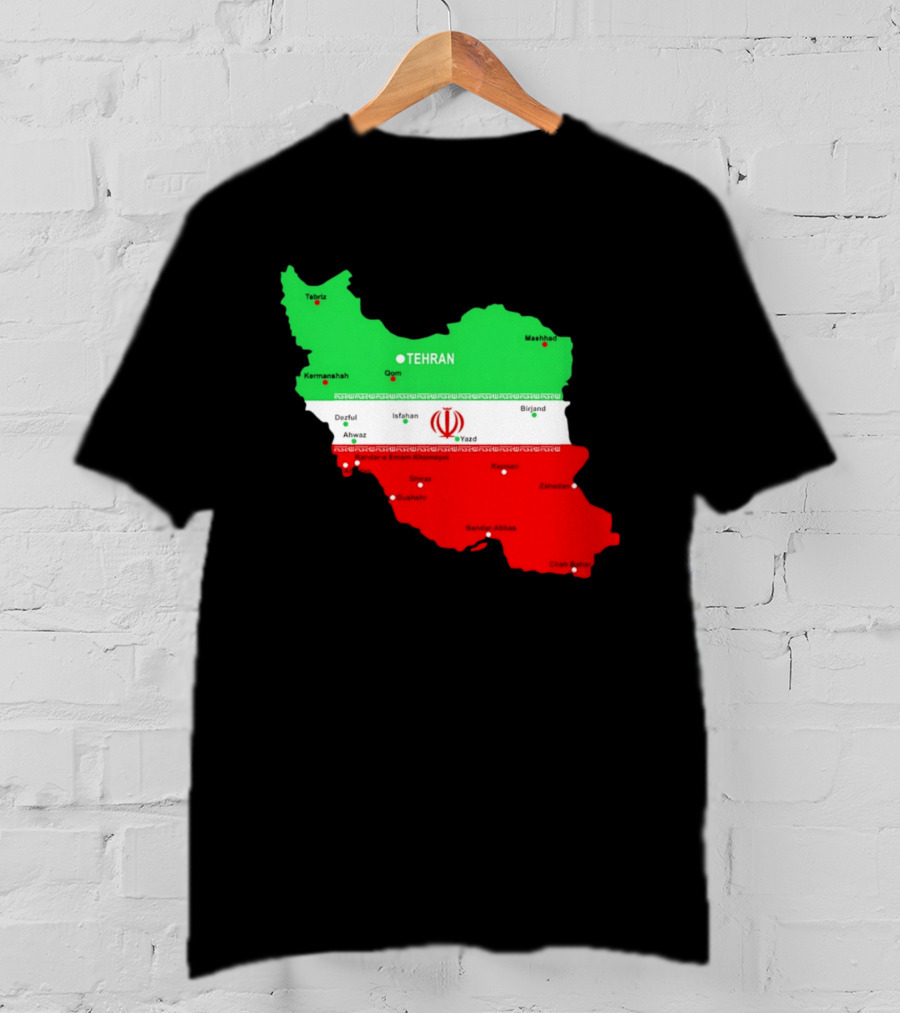 Iran Map With Flag Tehran Tabriz Mashhad Esfahan Shiraz Yazd Cities T-Shirt