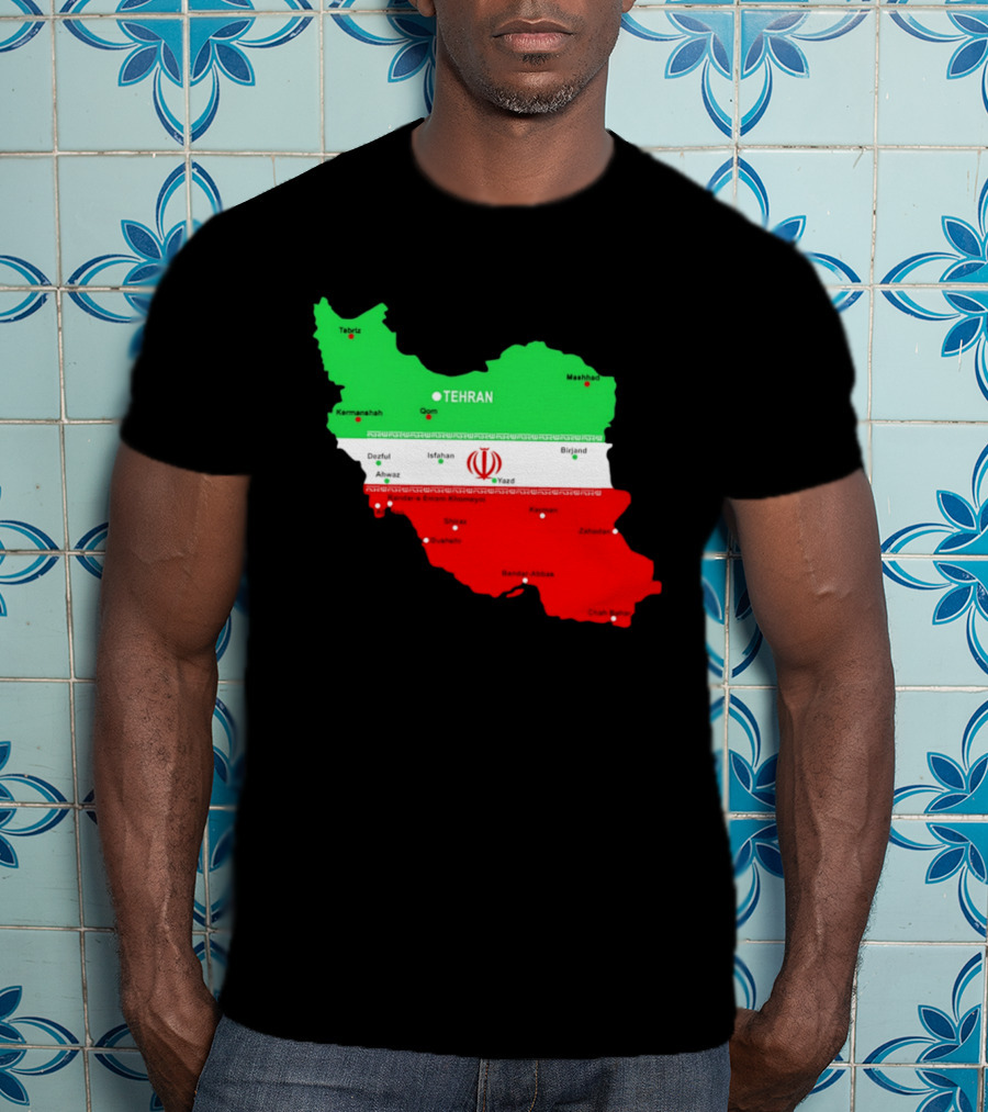 Iran Map With Flag Tehran Tabriz Mashhad Esfahan Shiraz Yazd Cities T-Shirt