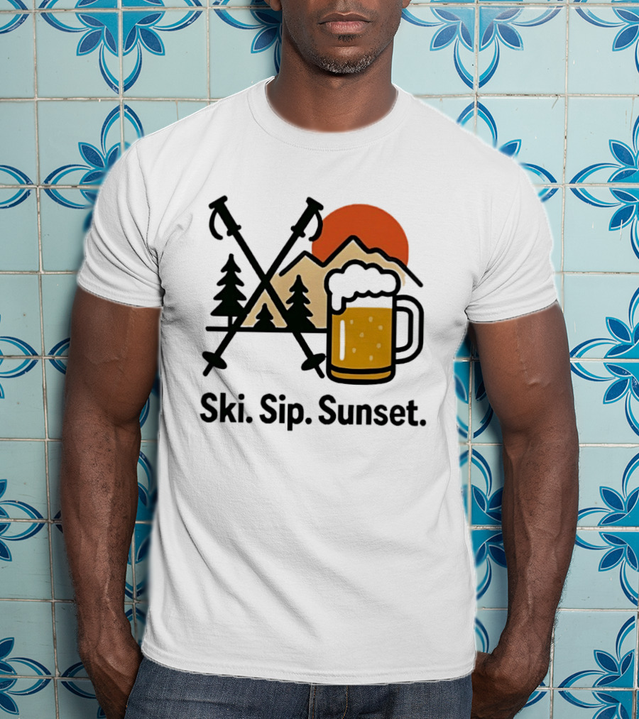Ski Sip Sunset Mountain Beer Adventure T-Shirt