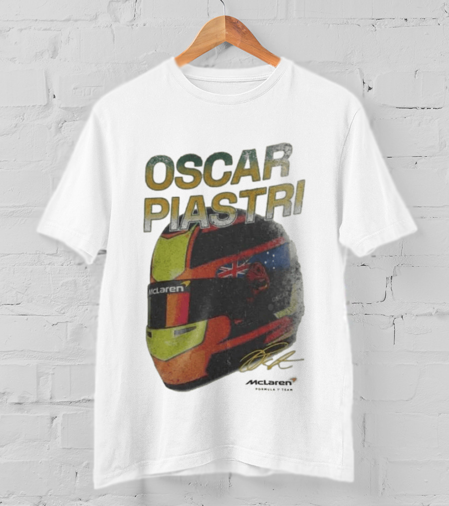 Oscar Piastri McLaren Racing Helmet Flag Signature T-Shirt
