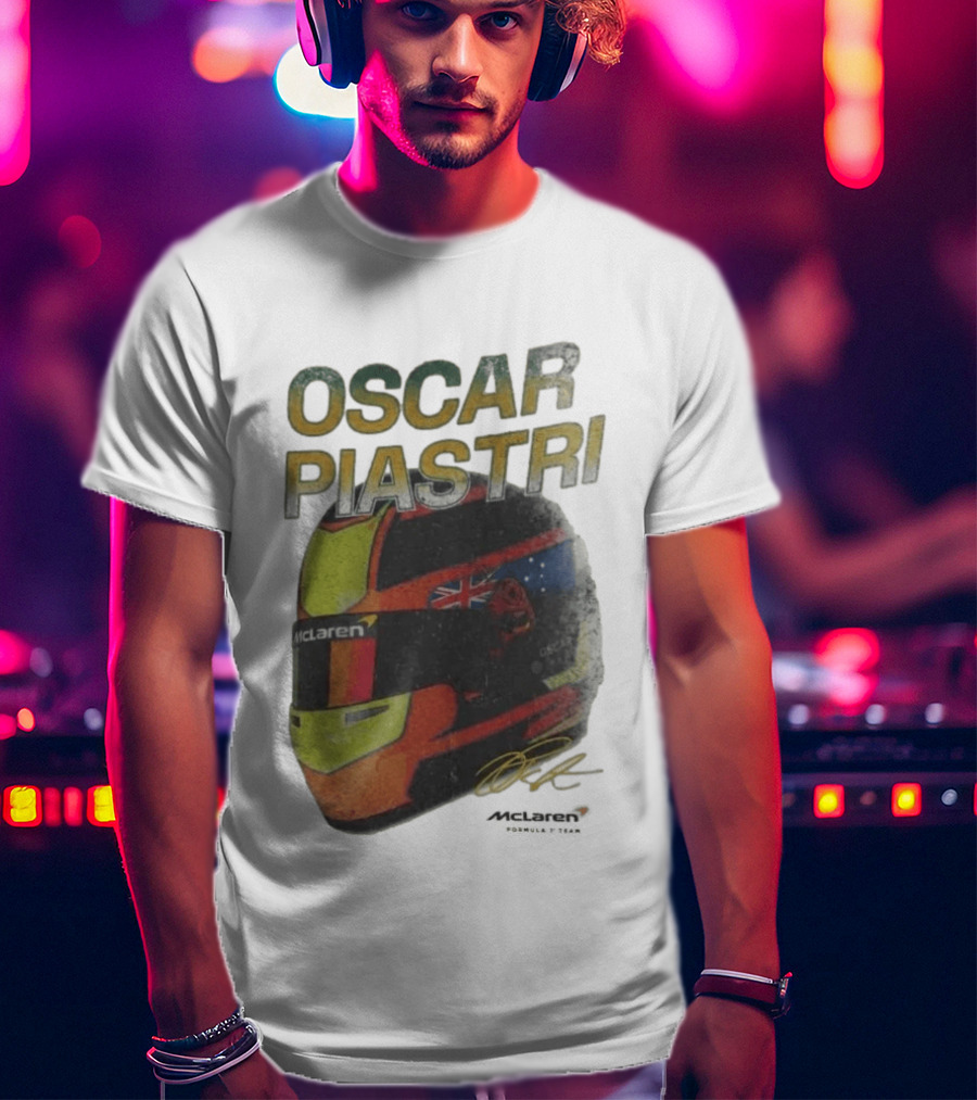 Oscar Piastri McLaren Racing Helmet Flag Signature T-Shirt