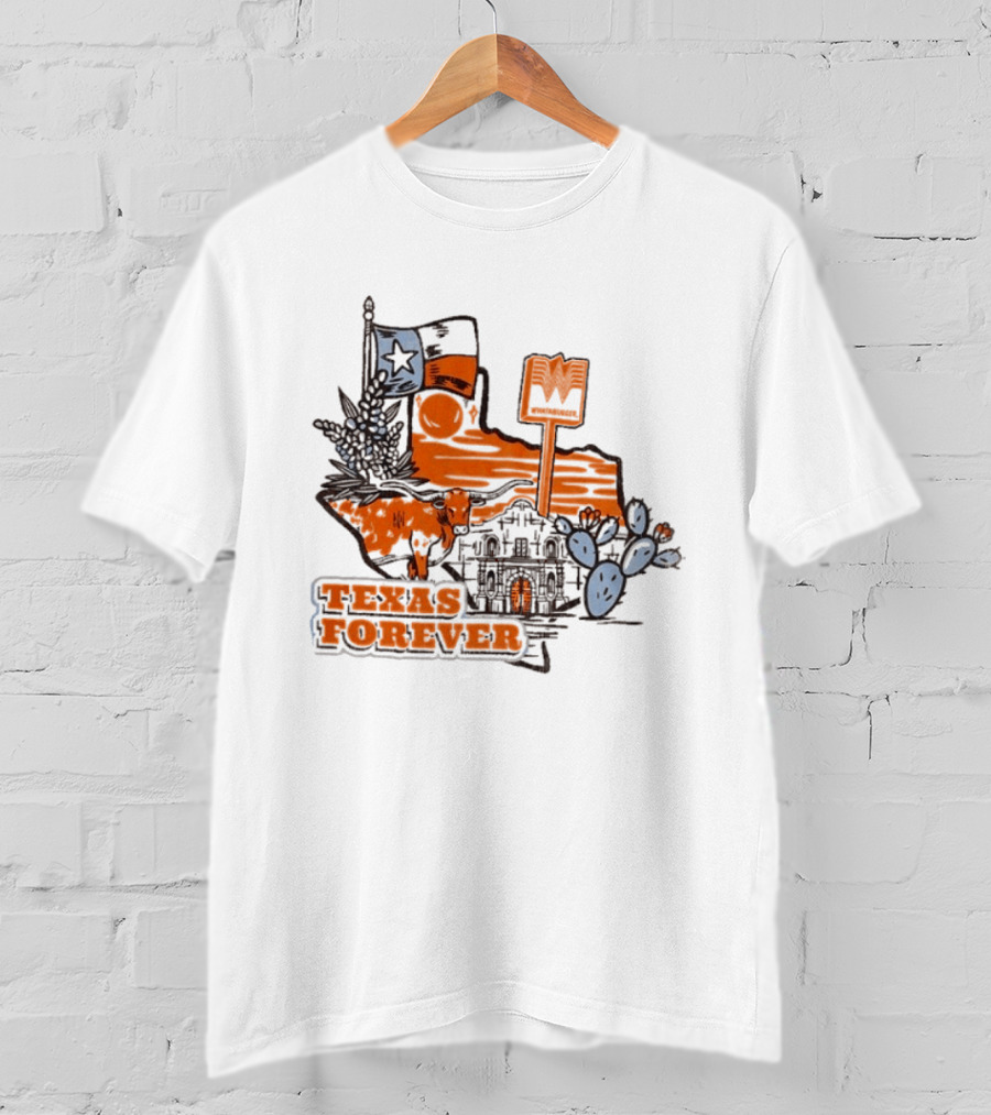Texas Forever Alamo Whataburger Collaboration With Lone Star Flag And Cactus T-Shirt
