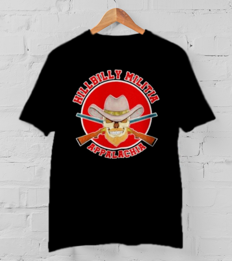 Hillbilly Militia Appalachia Skull Cowboy Hat Rifles Red Circle T-Shirt