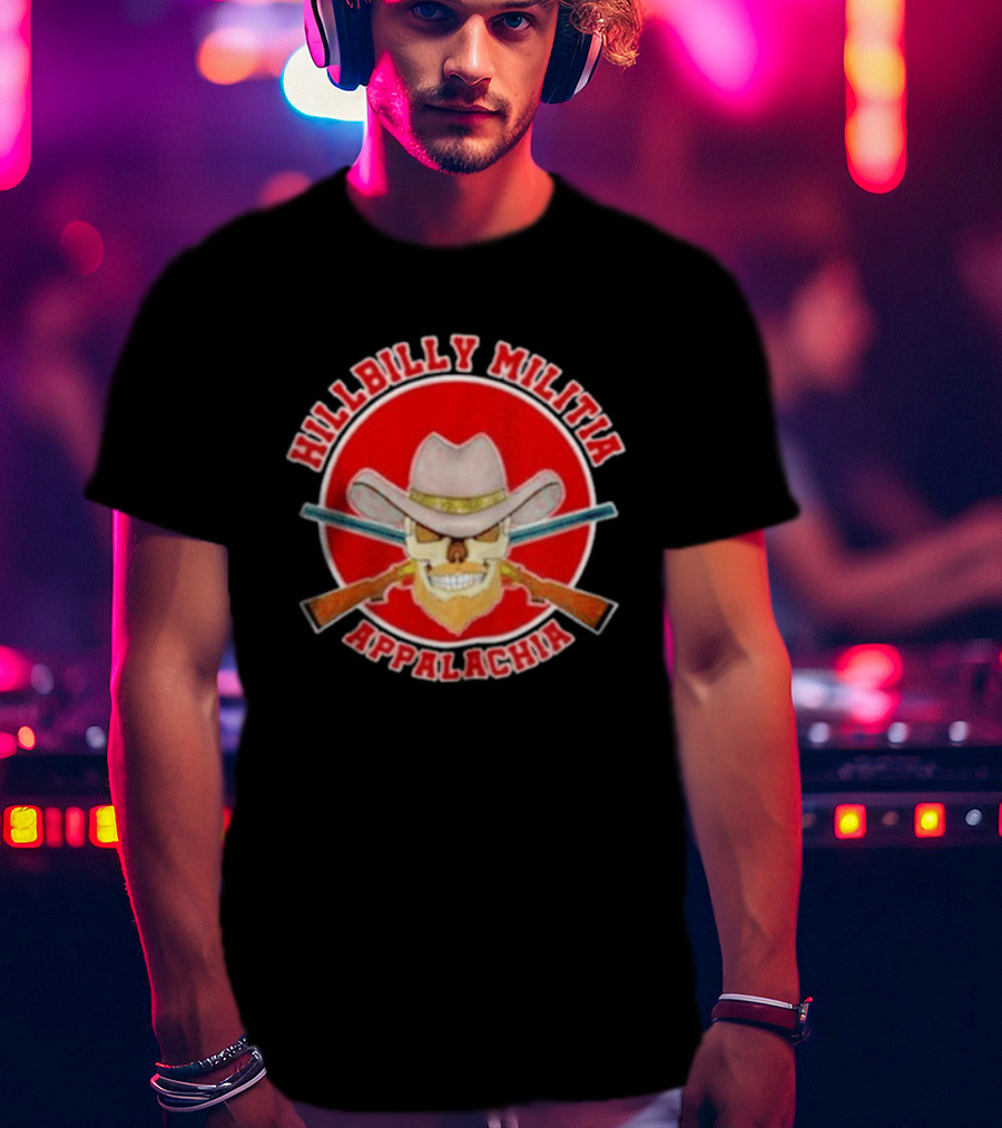 Hillbilly Militia Appalachia Skull Cowboy Hat Rifles Red Circle T-Shirt