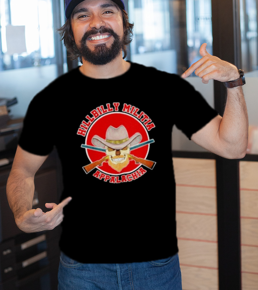 Hillbilly Militia Appalachia Skull Cowboy Hat Rifles Red Circle T-Shirt