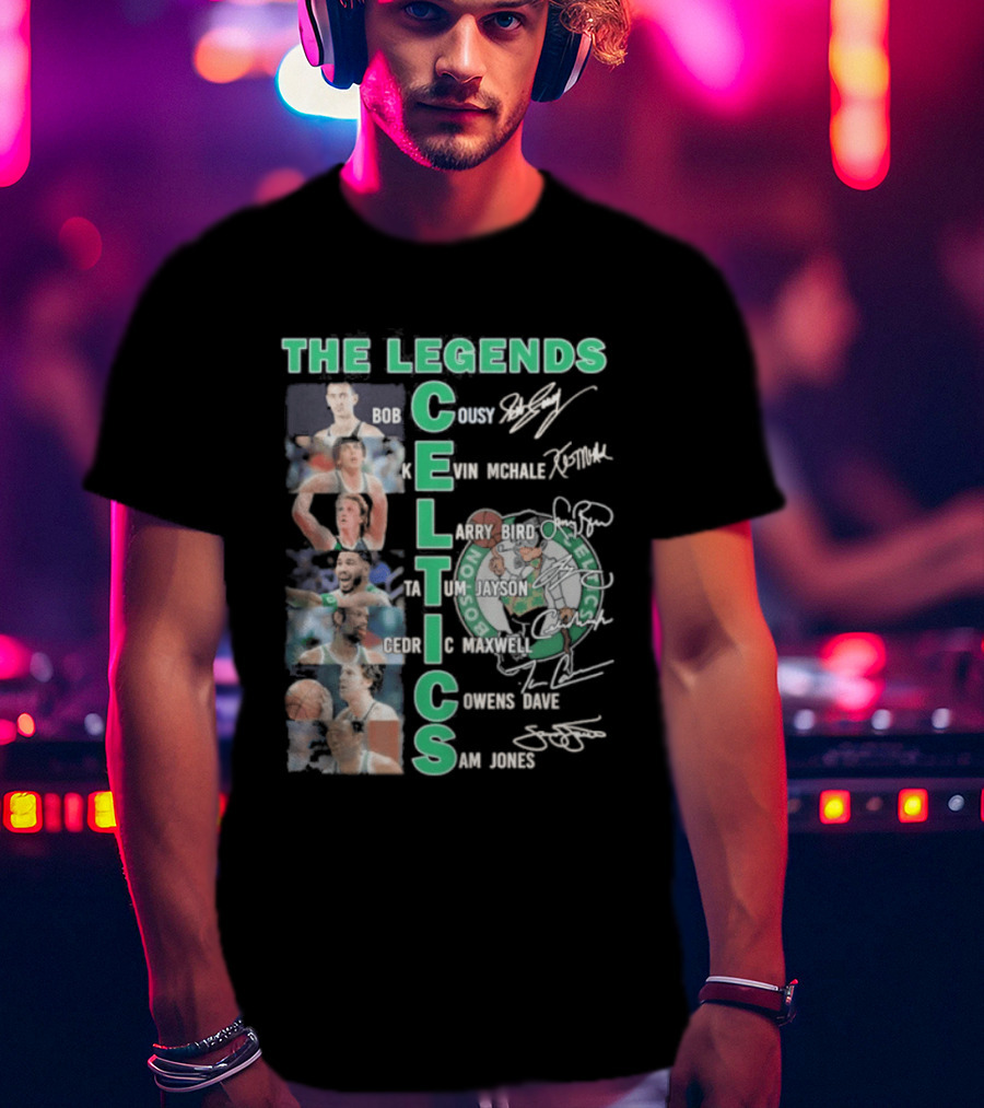 The Legends Boston Celtics Players Bob Cousy Kevin McHale Larry Bird Cedric Maxwell Dave Cowens Sam Jones T-Shirt