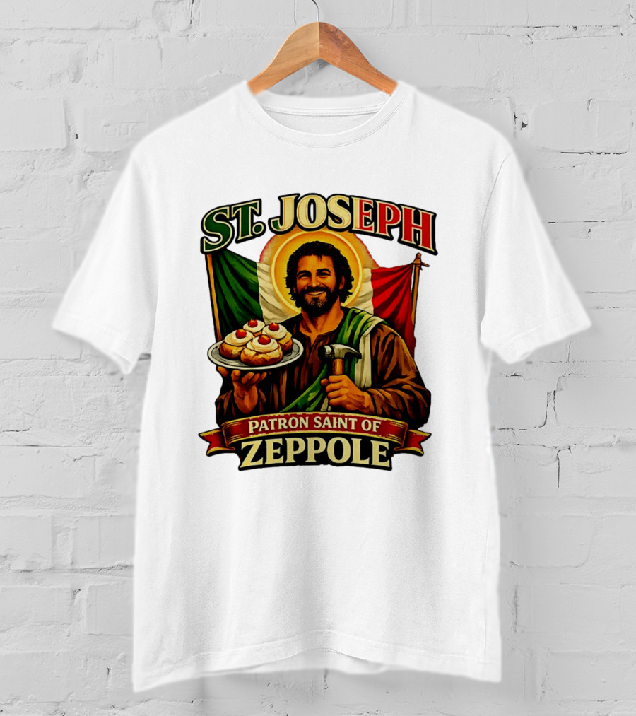 St. Joseph Patron Saint Of Zeppole With Italian Flag Icon And Halo Providing Hammer And Pastries T-Shirt