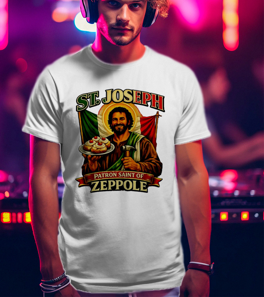 St. Joseph Patron Saint Of Zeppole With Italian Flag Icon And Halo Providing Hammer And Pastries T-Shirt