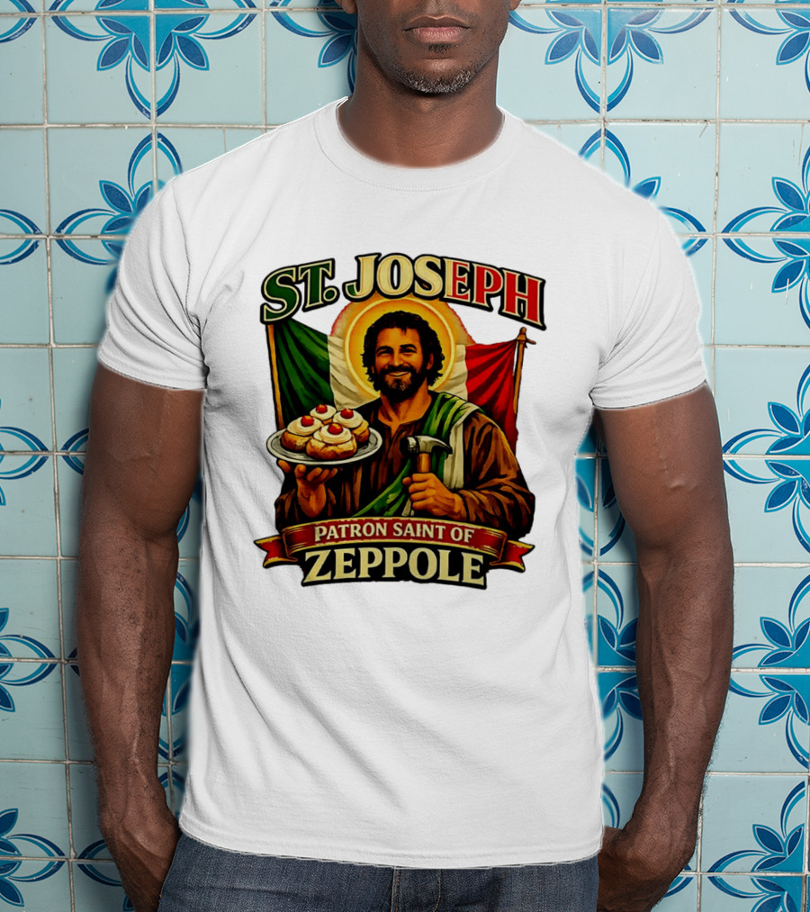 St. Joseph Patron Saint Of Zeppole With Italian Flag Icon And Halo Providing Hammer And Pastries T-Shirt