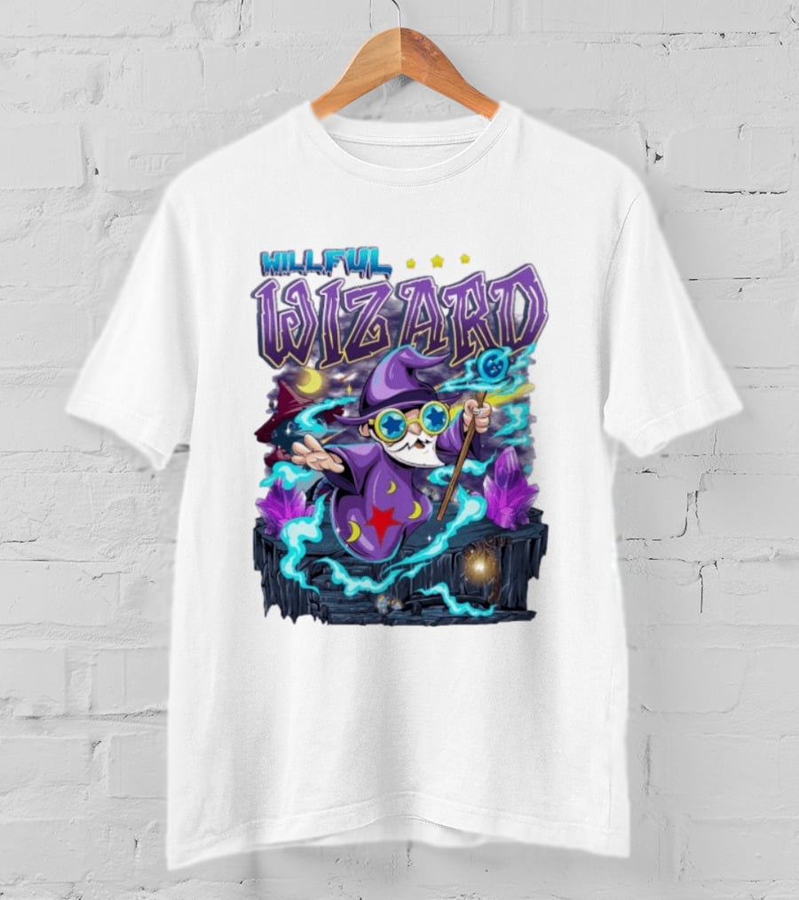 Willful Wizard Magical Adventure With Cosmic Crystals And Crescent Moons T-Shirt