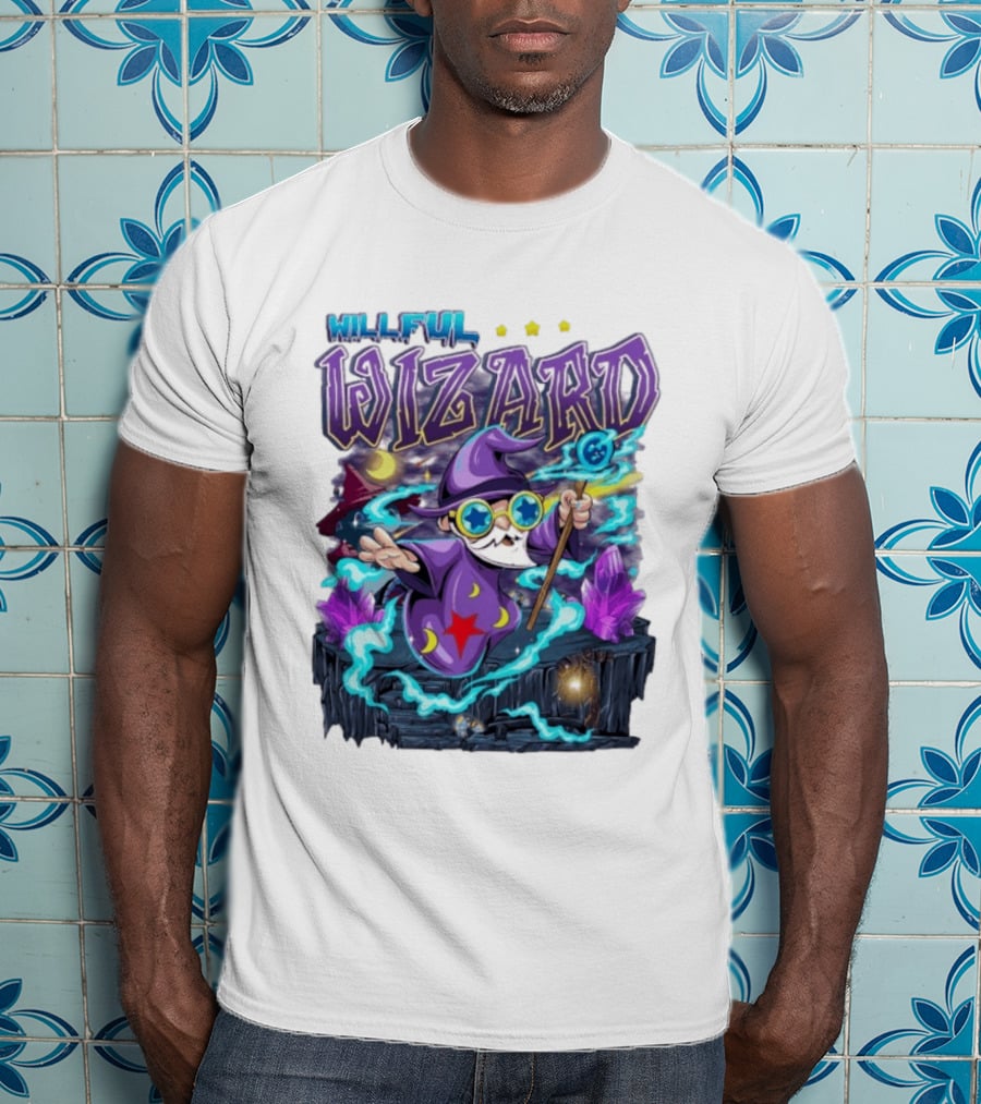 Willful Wizard Magical Adventure With Cosmic Crystals And Crescent Moons T-Shirt