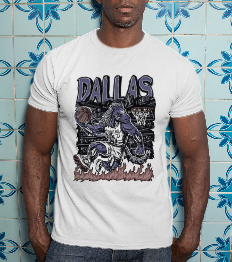 Dallas Mavericks Champ Cartoon Basketball Player Fire Hoops T-Shirt