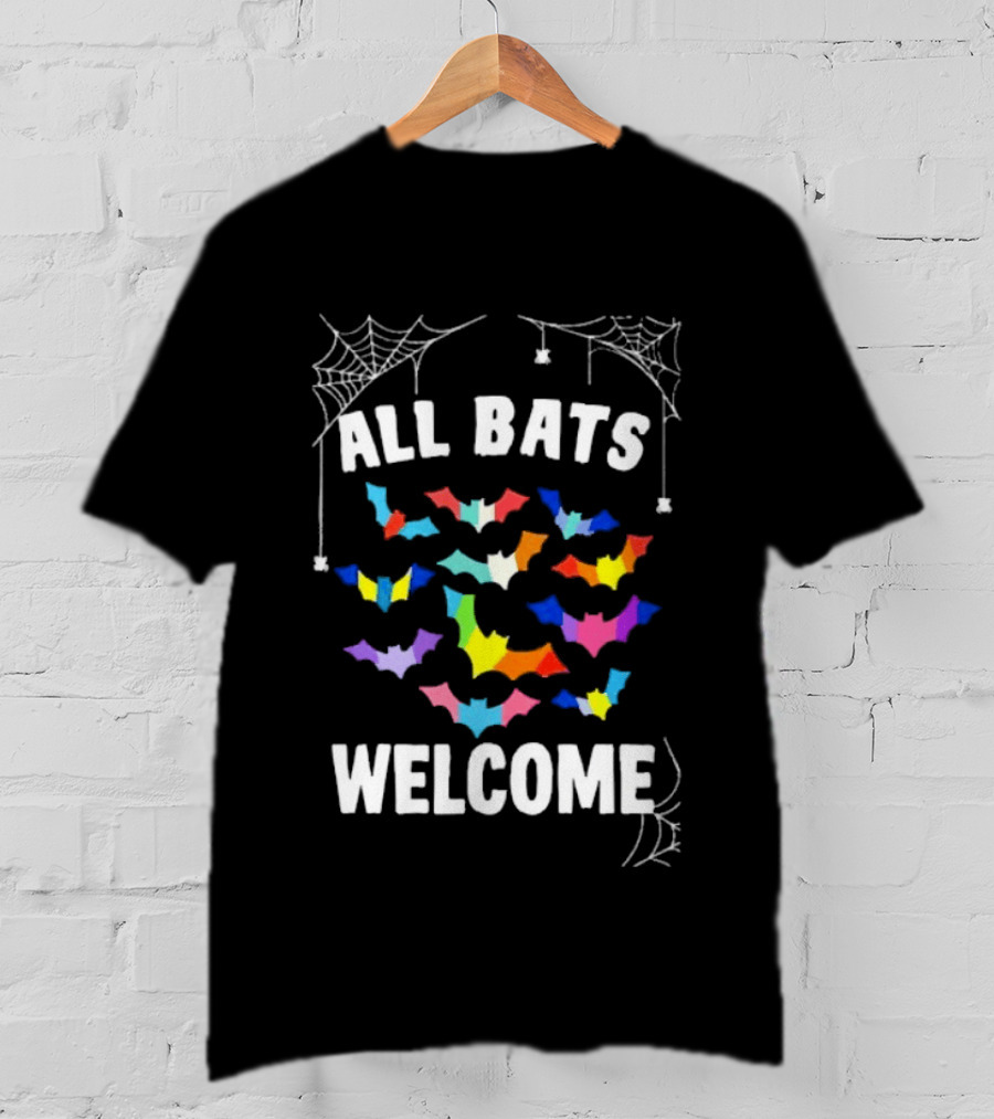 All Bats Welcome Colorful Bats And Spiderwebs T-Shirt