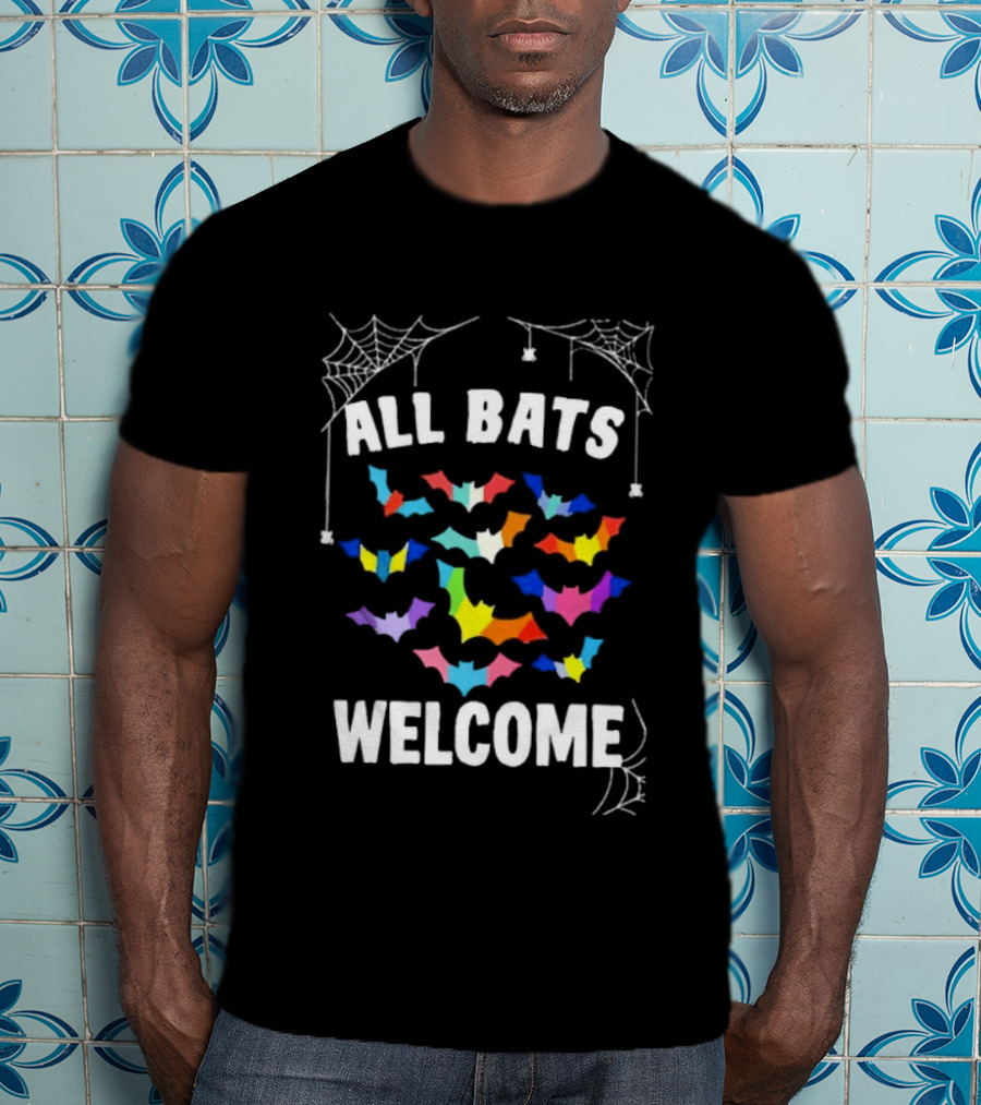 All Bats Welcome Colorful Bats And Spiderwebs T-Shirt