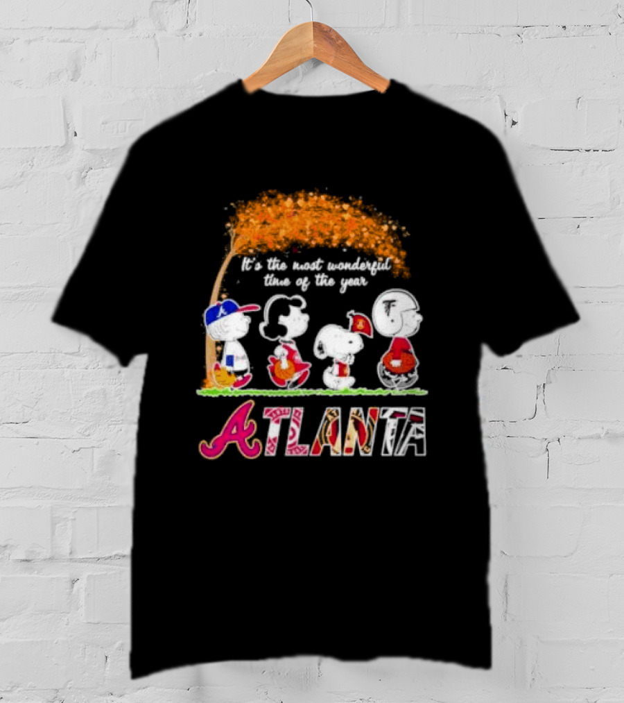 Atlanta Peanuts Characters Autumn Baseball It's The Most Wonderful Time Of The Year T-Shirt
