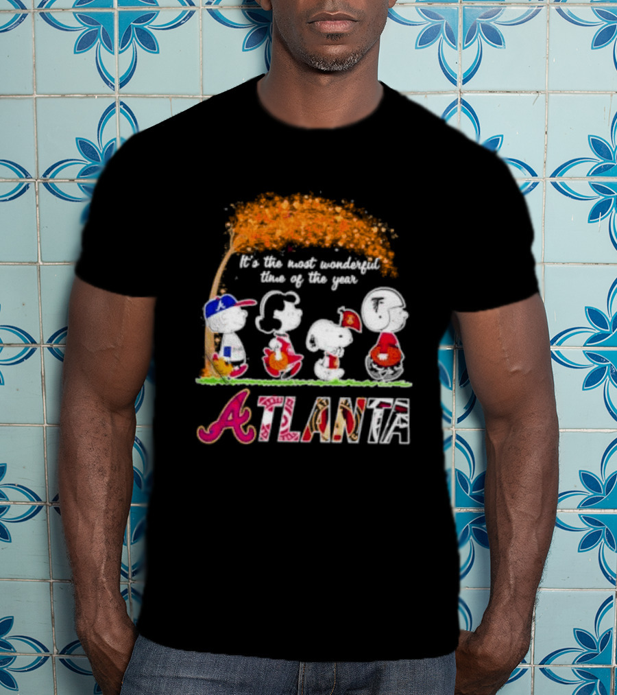 Atlanta Peanuts Characters Autumn Baseball It's The Most Wonderful Time Of The Year T-Shirt
