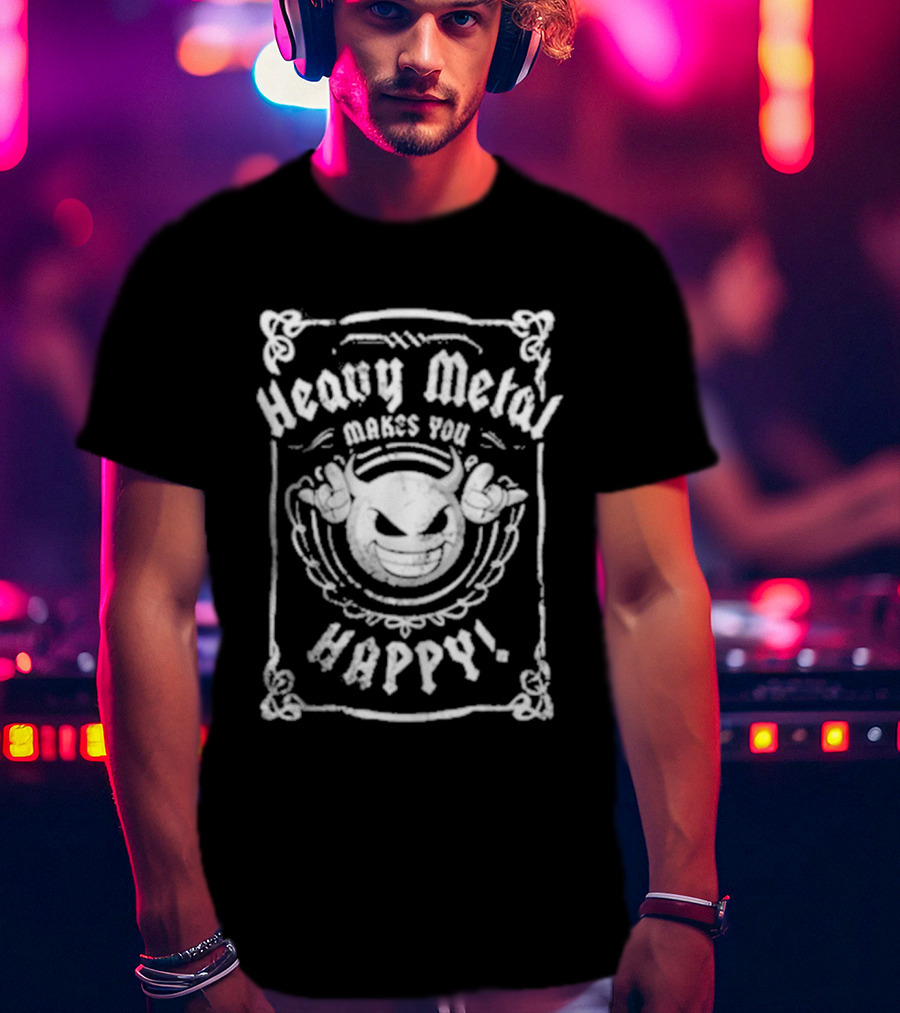 Heavy Metal Makes You Happy Smiling Devil Horns T-Shirt
