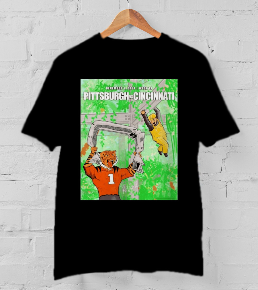Pittsburgh Steelers Vs Cincinnati Bengals December 1 2024 Week 13 Cartoon Tiger And Construction Worker Jungle Showdown T-Shirt