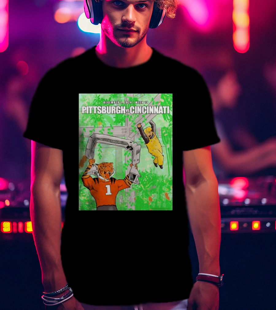 Pittsburgh Steelers Vs Cincinnati Bengals December 1 2024 Week 13 Cartoon Tiger And Construction Worker Jungle Showdown T-Shirt