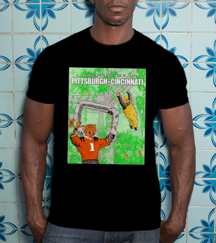 Pittsburgh Steelers Vs Cincinnati Bengals December 1 2024 Week 13 Cartoon Tiger And Construction Worker Jungle Showdown T-Shirt