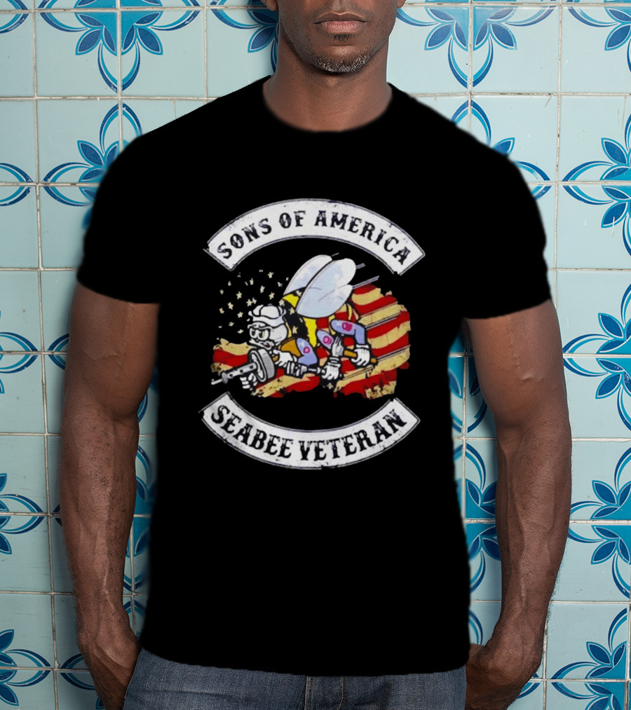 Sons Of America Seabee Veteran US Flag Military Pride T-Shirt