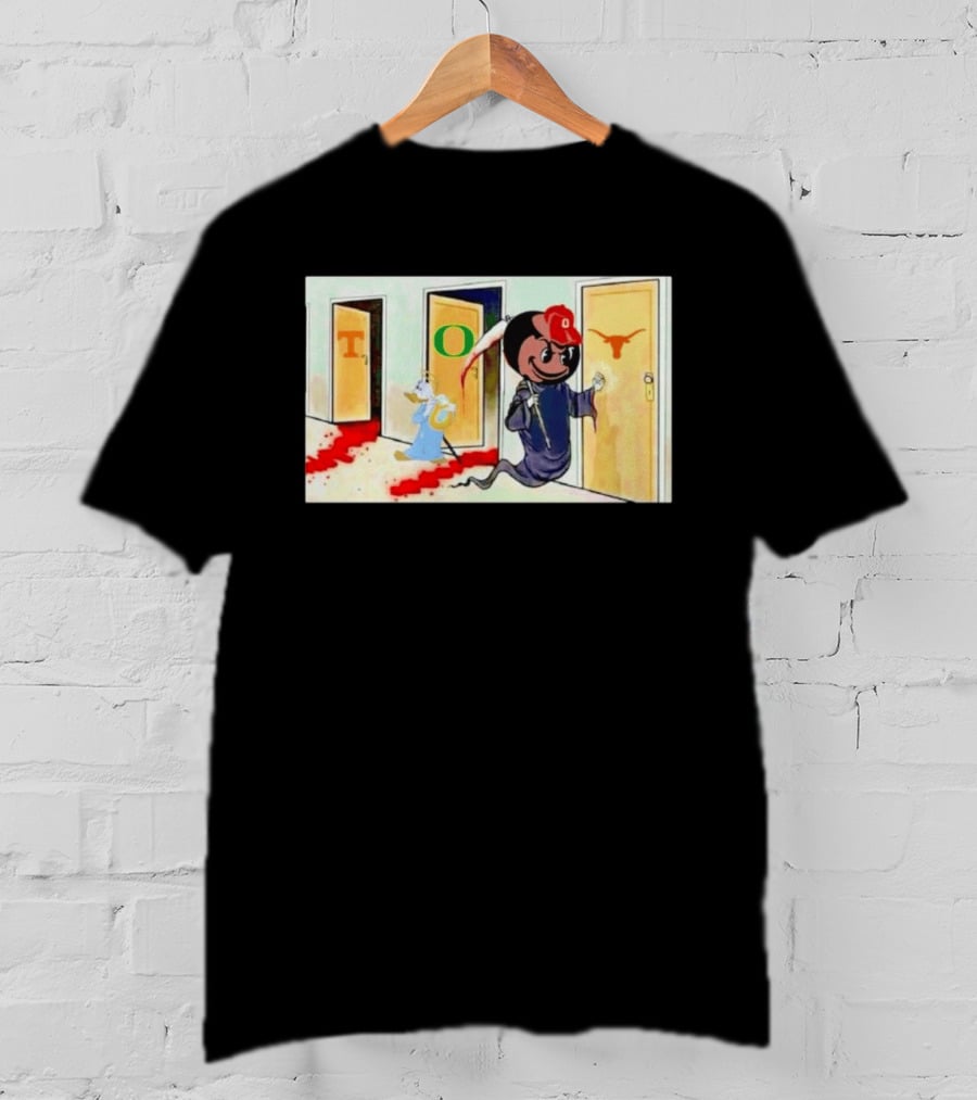 Ohio State Buckeyes Brutus Grim Reaper Knocking Texas Longhorns Door Cartoon T-Shirt