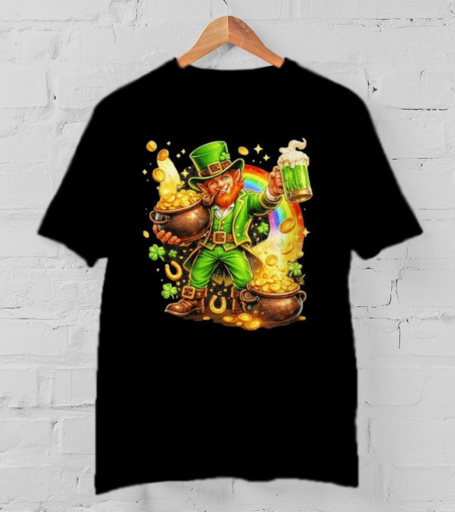St Patricks Day Irish Leprechaun Cheers With Pot Of Gold And Rainbow Luck T-Shirt