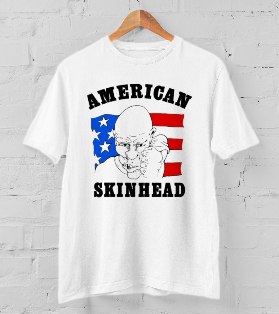 American Skinhead USA Bald Character With Flag Stars And Stripes T-Shirt