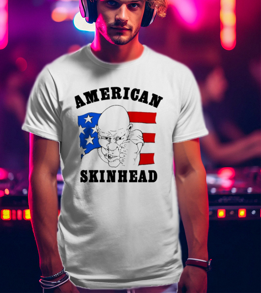 American Skinhead USA Bald Character With Flag Stars And Stripes T-Shirt